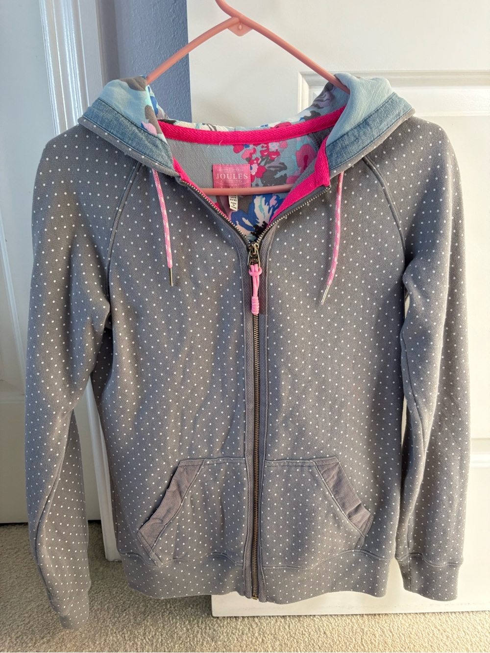 Joules Grey Polka Dot Zip Hoodie with Pink Trim and Floral Hood Lining